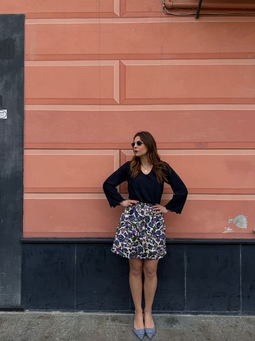 Gonna Eva in gabardine a fiori viola