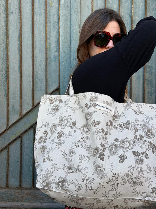 Borsa in cotone écru a fiori marroni
