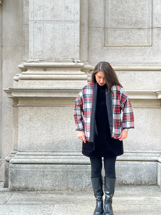 Giacca kimono double face in lana nere e tartan