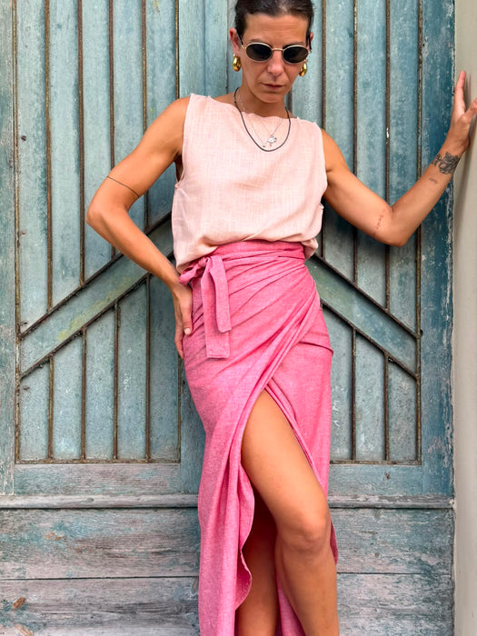 Top Emilia in lino rosa pesca
