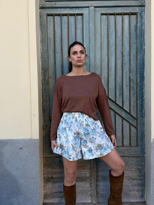 Pantagonna Itana in gabardine a fiori azzurri
