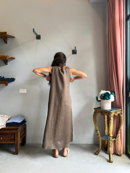 Abito Emilia lungo in lino marrone chiaro