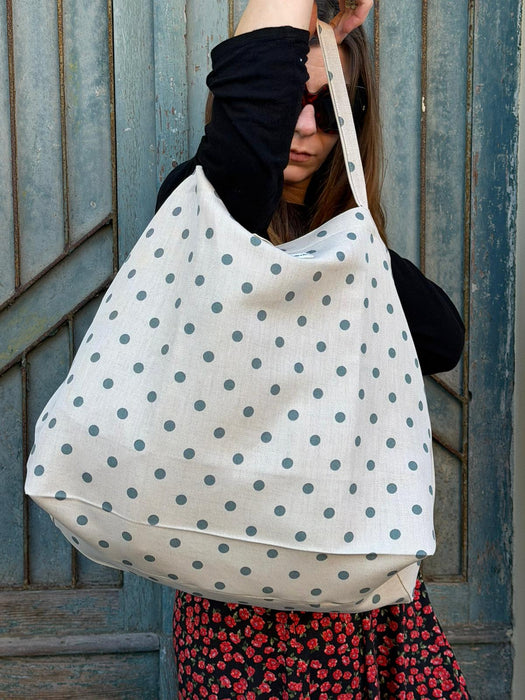 Borsa in cotone écru a pois verde acqua