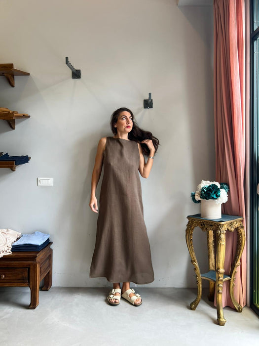 Abito Emilia lungo in lino marrone chiaro