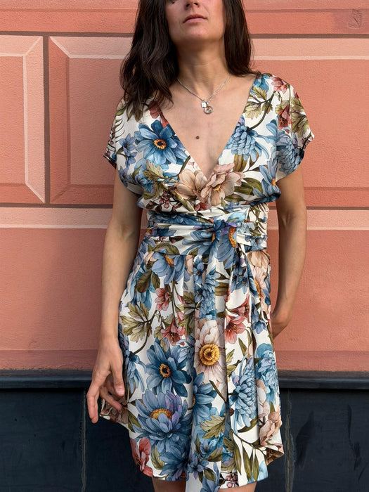Abito Magda corto a fiori azzurri