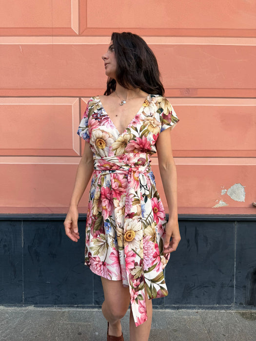 Abito Magda corto a fiori rosa