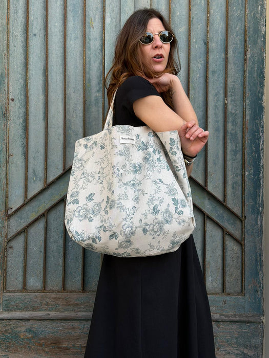 Borsa in cotone écru a fiori verde acqua