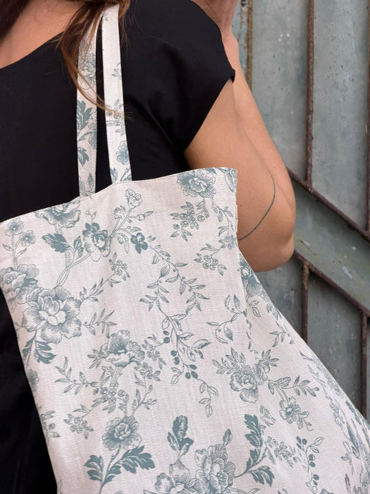 Borsa in cotone écru a fiori verde acqua