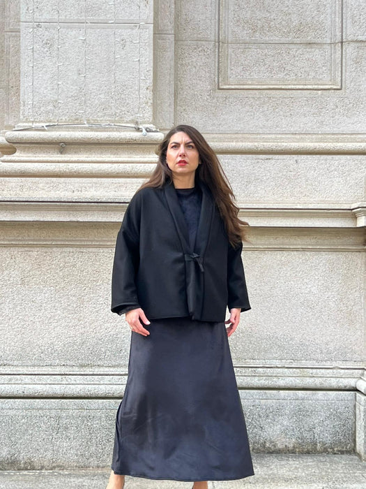 Giacca kimono double face in lana nere e tartan