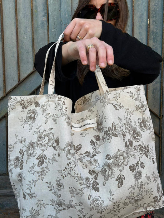 Borsa in cotone écru a fiori marroni