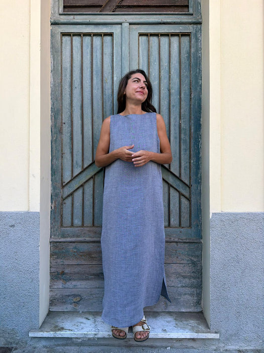 Abito Emilia lungo in lino azzurro jeans
