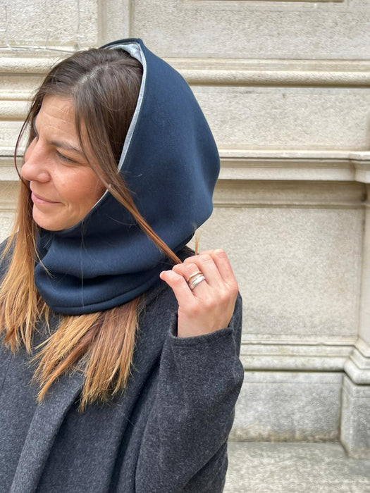 Balaclava double in felpa blu e ciniglia grigia