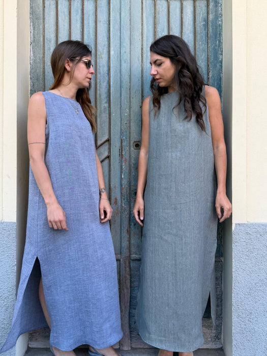 Abito Emilia lungo in lino azzurro jeans