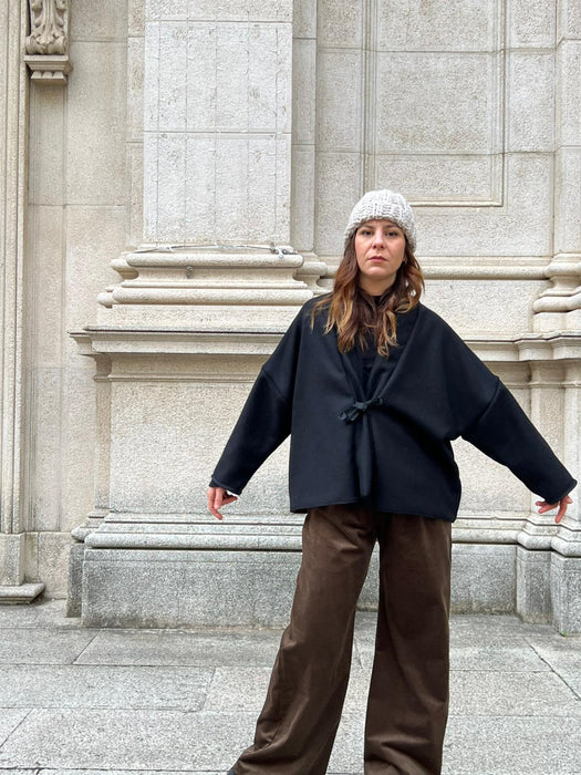 Giacca kimono double face in lana nere e tartan