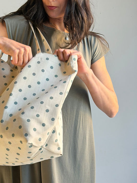 Borsa in cotone écru a pois verde acqua