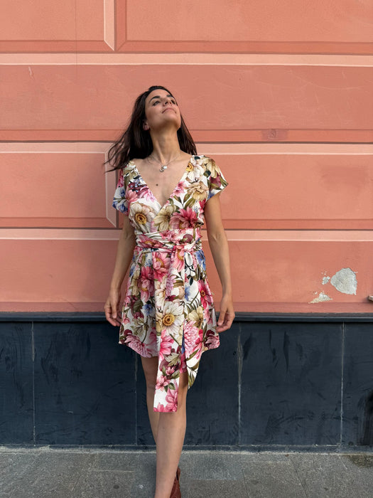 Abito Magda corto a fiori rosa