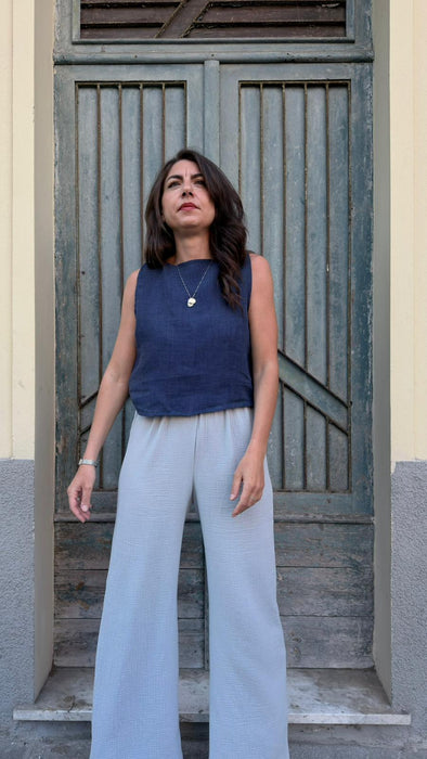 Top Emilia in lino blu scuro