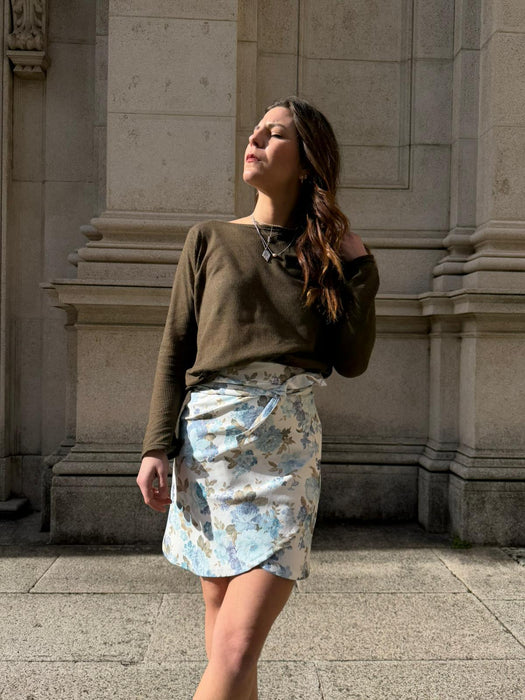 Gonna Matilda in gabardine a fiori azzurri