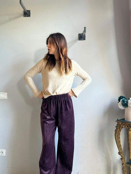 Pantaloni Mia in ciniglia melanzana