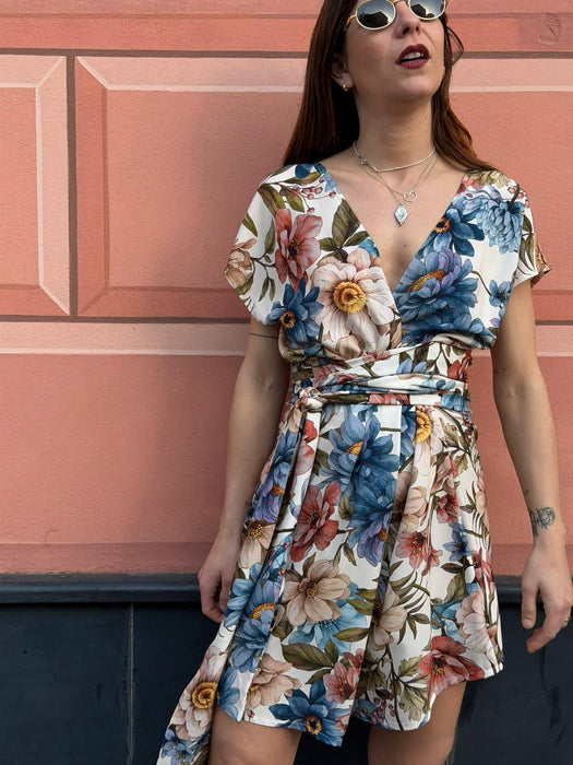 Abito Magda corto a fiori azzurri