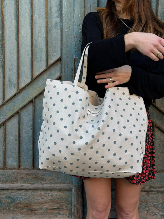 Borsa in cotone écru a pois verde acqua