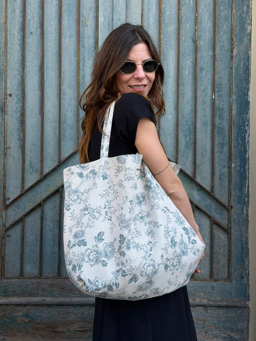 Borsa in cotone écru a fiori verde acqua