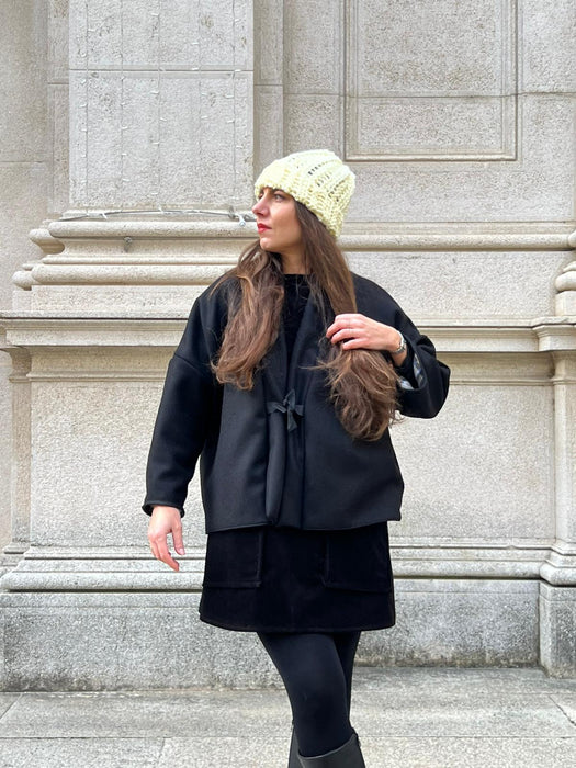 Giacca kimono double face in lana nere e tartan