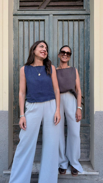 Top Emilia in lino blu scuro