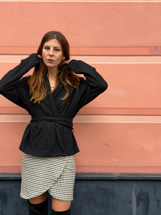 Gonna Matilda corta in twill di lana verde/tabacco/avorio