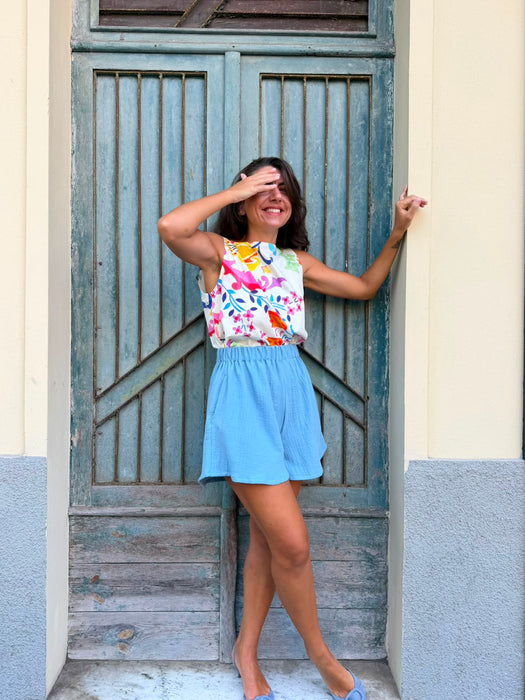 Top Emilia in cotone a fiori colorati