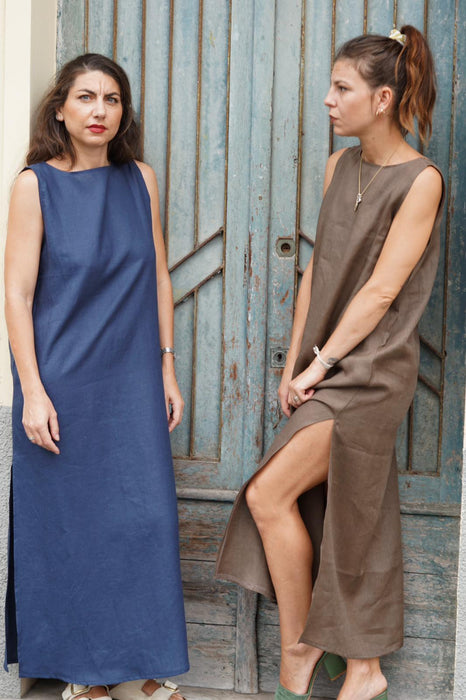 Abito Emilia lungo in lino marrone chiaro