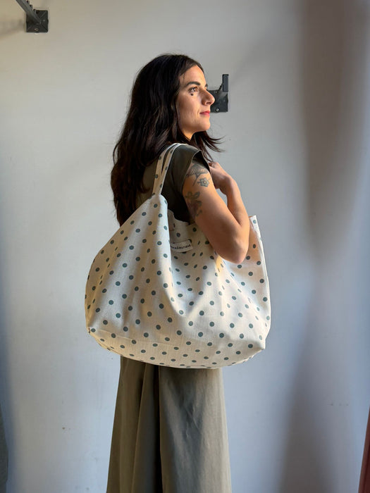 Borsa in cotone écru a pois verde acqua