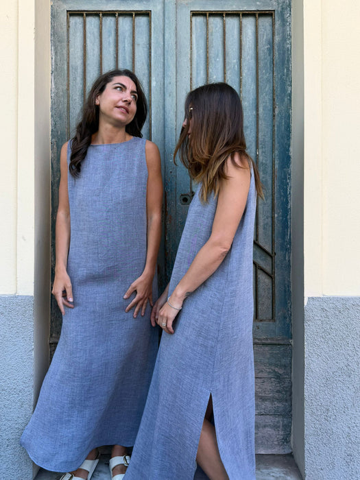 Abito Emilia lungo in lino azzurro jeans