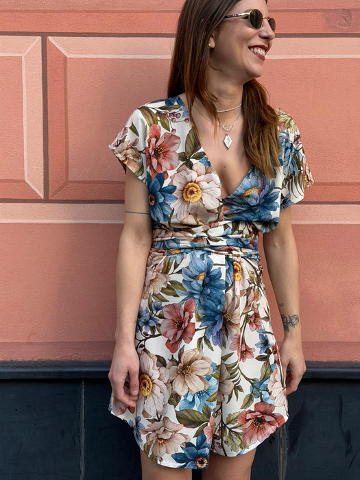 Abito Magda corto a fiori azzurri