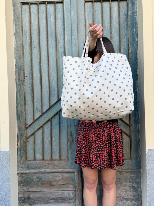 Borsa in cotone écru a pois verde acqua