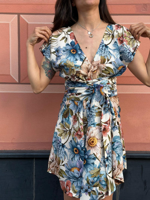 Abito Magda corto a fiori azzurri