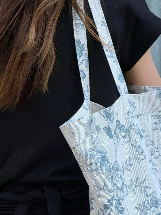 Borsa in cotone écru a fiori verde acqua