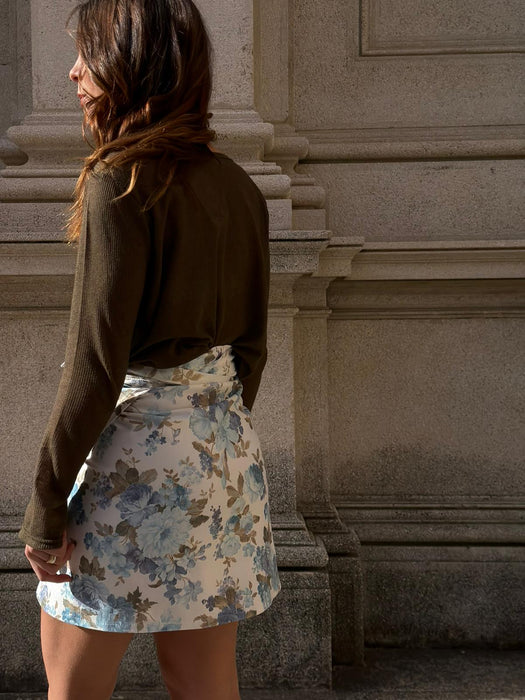 Gonna Matilda in gabardine a fiori azzurri