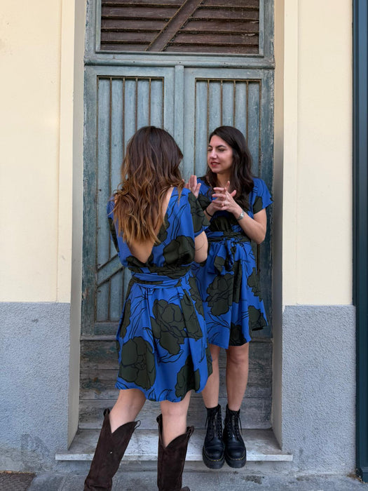 Abito corto Magda fiorato blu e kaki