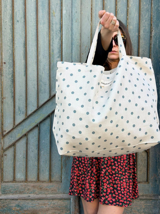 Borsa in cotone écru a pois verde acqua