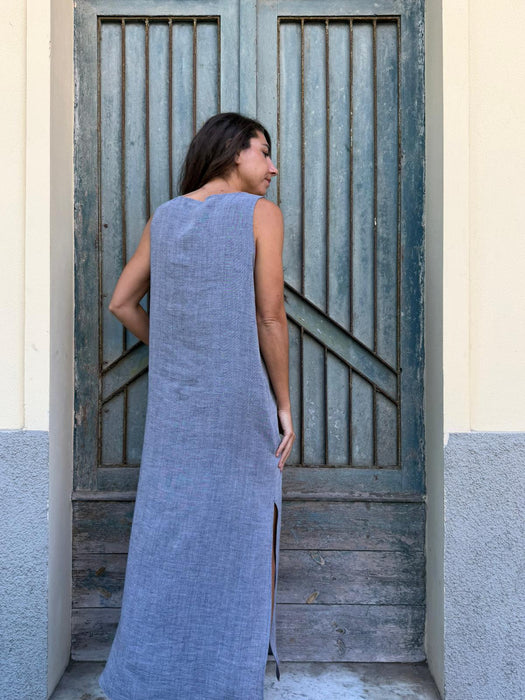 Abito Emilia lungo in lino azzurro jeans