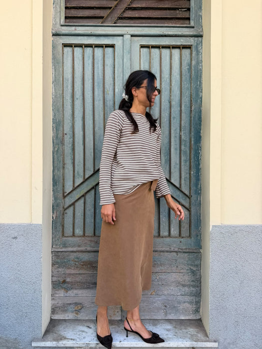Maglia Cristiana in lana a righe tortora/bianche/tabacco