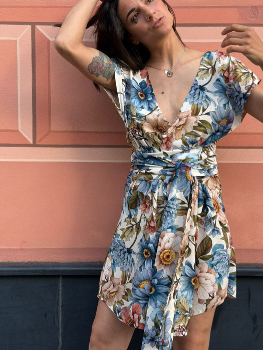 Abito Magda corto a fiori azzurri