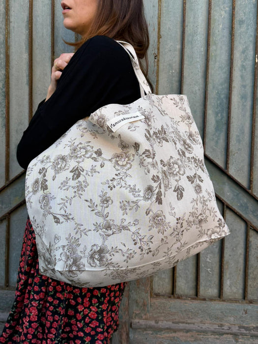 Borsa in cotone écru a fiori marroni