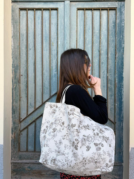 Borsa in cotone écru a fiori marroni