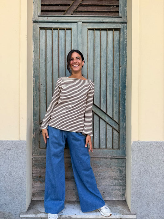 Maglia Cristiana in lana a righe tortora/bianche/bordeaux