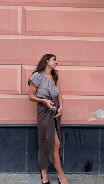 Gonna Matilda in lino marrone testa di moro