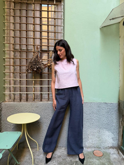 Top Emilia in cotone rosa cipria ricamato
