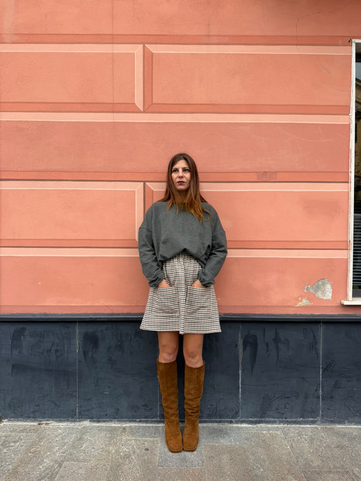 Gonna Luca in twill di lana verde/tabacco/avorio