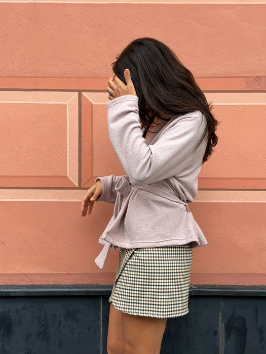 Gonna Matilda corta in twill di lana verde/tabacco/avorio